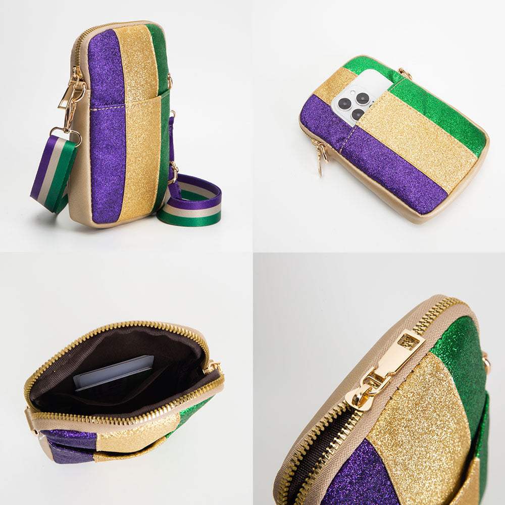 Faux Leather Mardi Gras Sparkle Front Small Crossbody Bag - Madeline Love - Flyclothing LLC