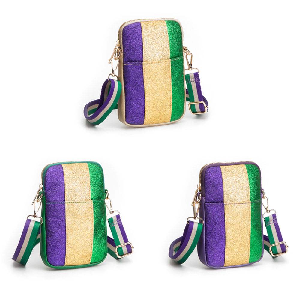 Faux Leather Mardi Gras Sparkle Front Small Crossbody Bag - Madeline Love - Flyclothing LLC