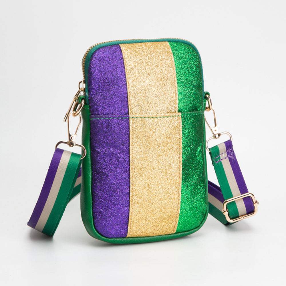 Faux Leather Mardi Gras Sparkle Front Small Crossbody Bag - Madeline Love - Flyclothing LLC