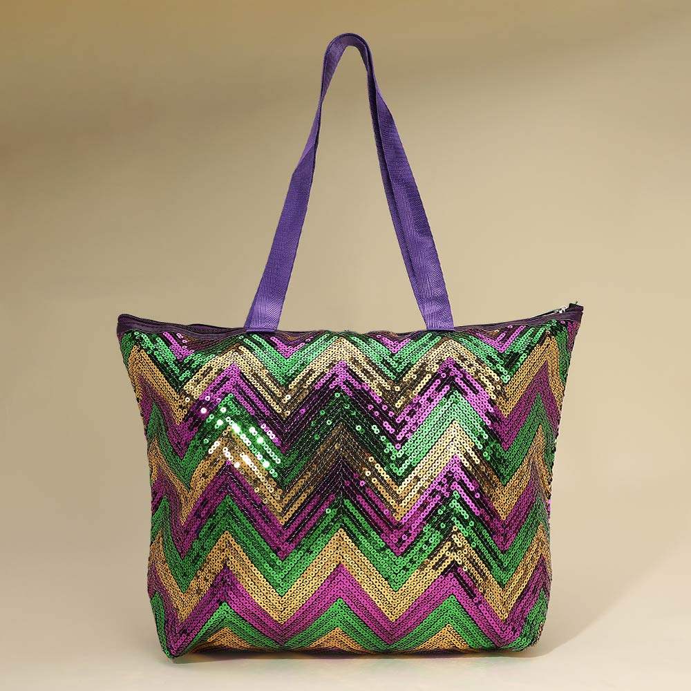 Mardi Gras Sequin Chevron Shoulder Tote Bag - Madeline Love - Flyclothing LLC