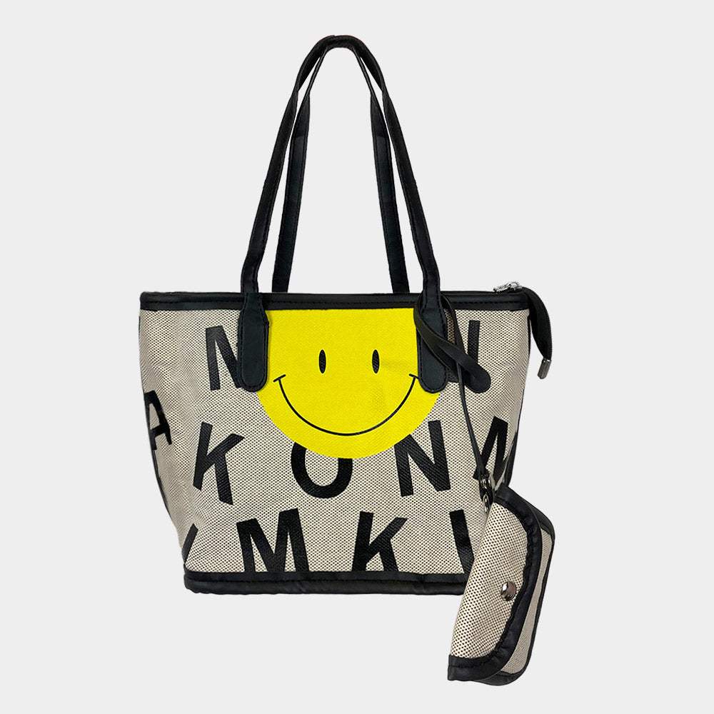 2PCS - Smile Accented Tote Bag and Mini Pouch Bag Set - Madeline Love - Flyclothing LLC