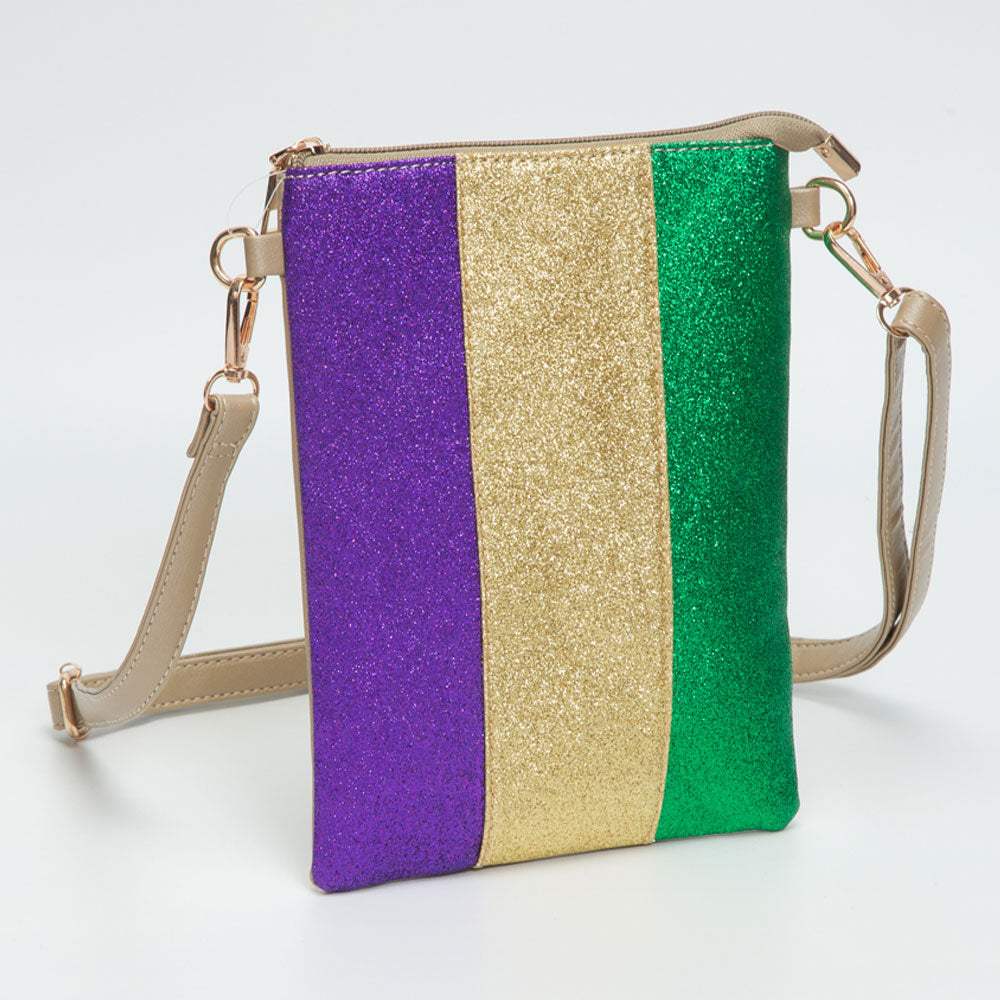 Glittered Vertical Strip Mardi Gras Flat Mini Crossbody Bag - Madeline Love - Flyclothing LLC