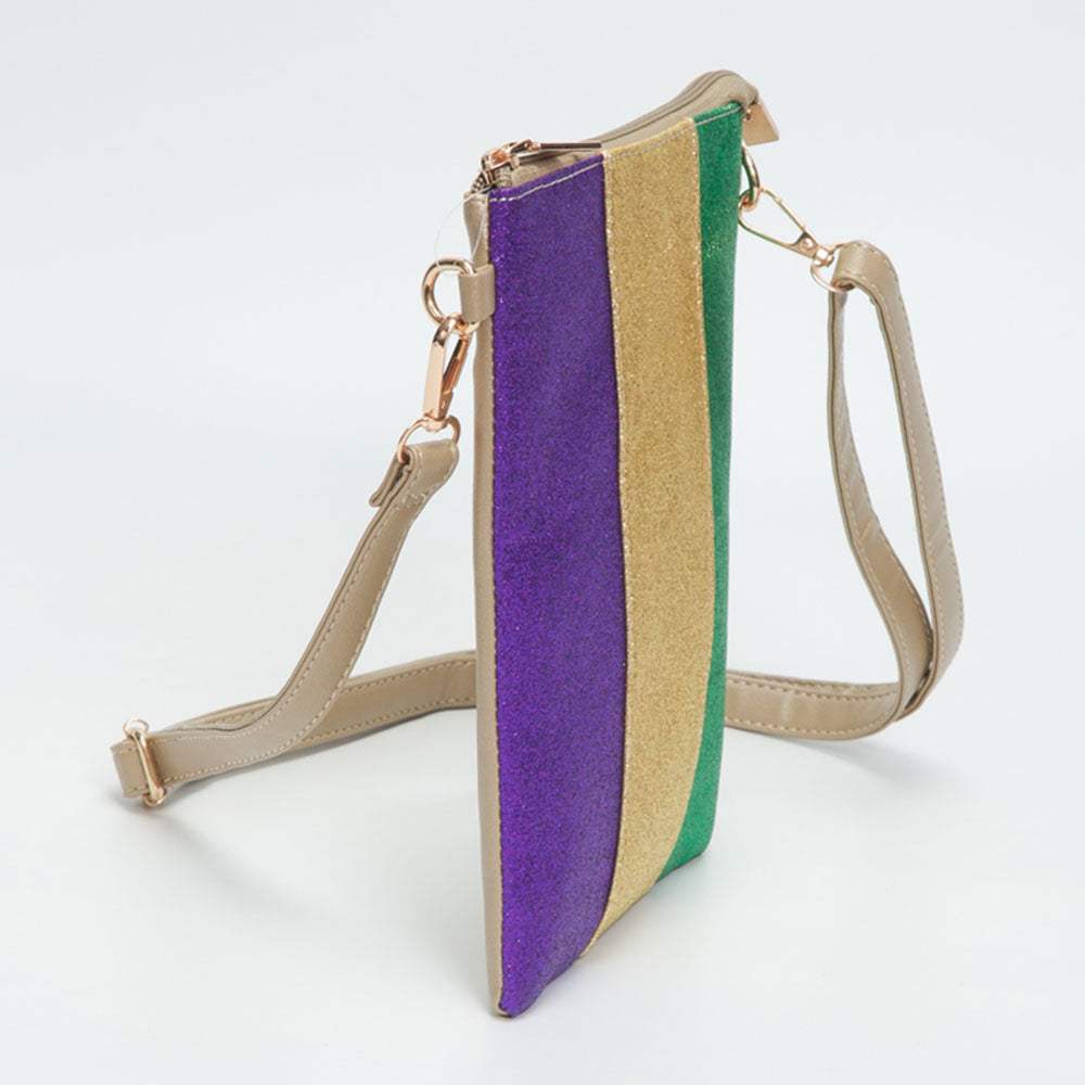Glittered Vertical Strip Mardi Gras Flat Mini Crossbody Bag - Madeline Love - Flyclothing LLC