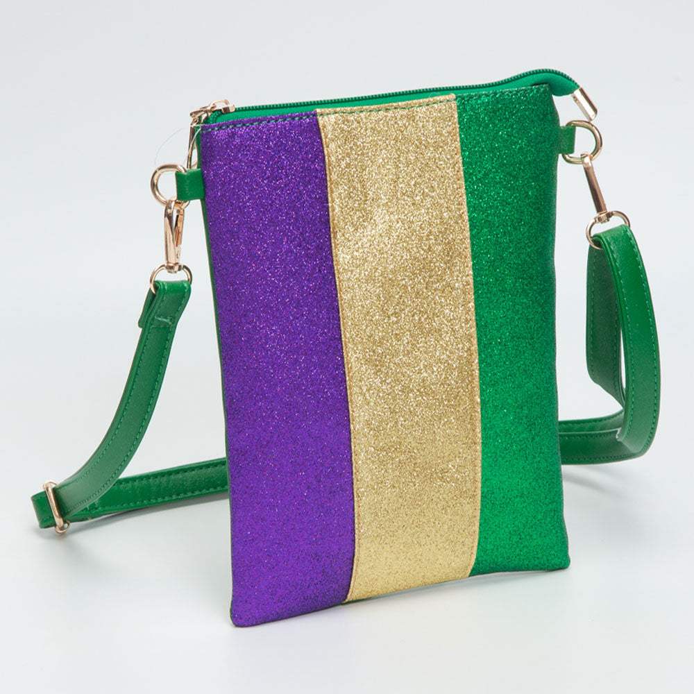 Glittered Vertical Strip Mardi Gras Flat Mini Crossbody Bag - Madeline Love - Flyclothing LLC