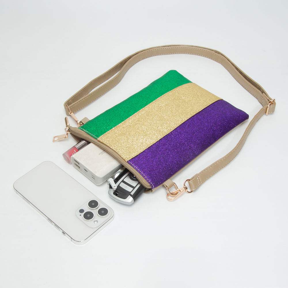 Glittered Vertical Strip Mardi Gras Flat Mini Crossbody Bag - Madeline Love - Flyclothing LLC