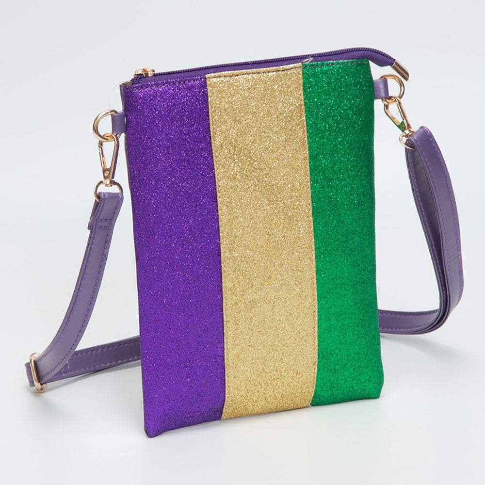 Glittered Vertical Strip Mardi Gras Flat Mini Crossbody Bag - Madeline Love - Flyclothing LLC