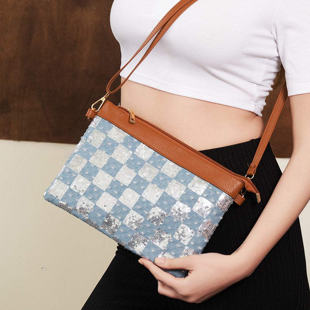 Sequin Checkered Flat Crossbody Bag - Madeline Love - Flyclothing LLC