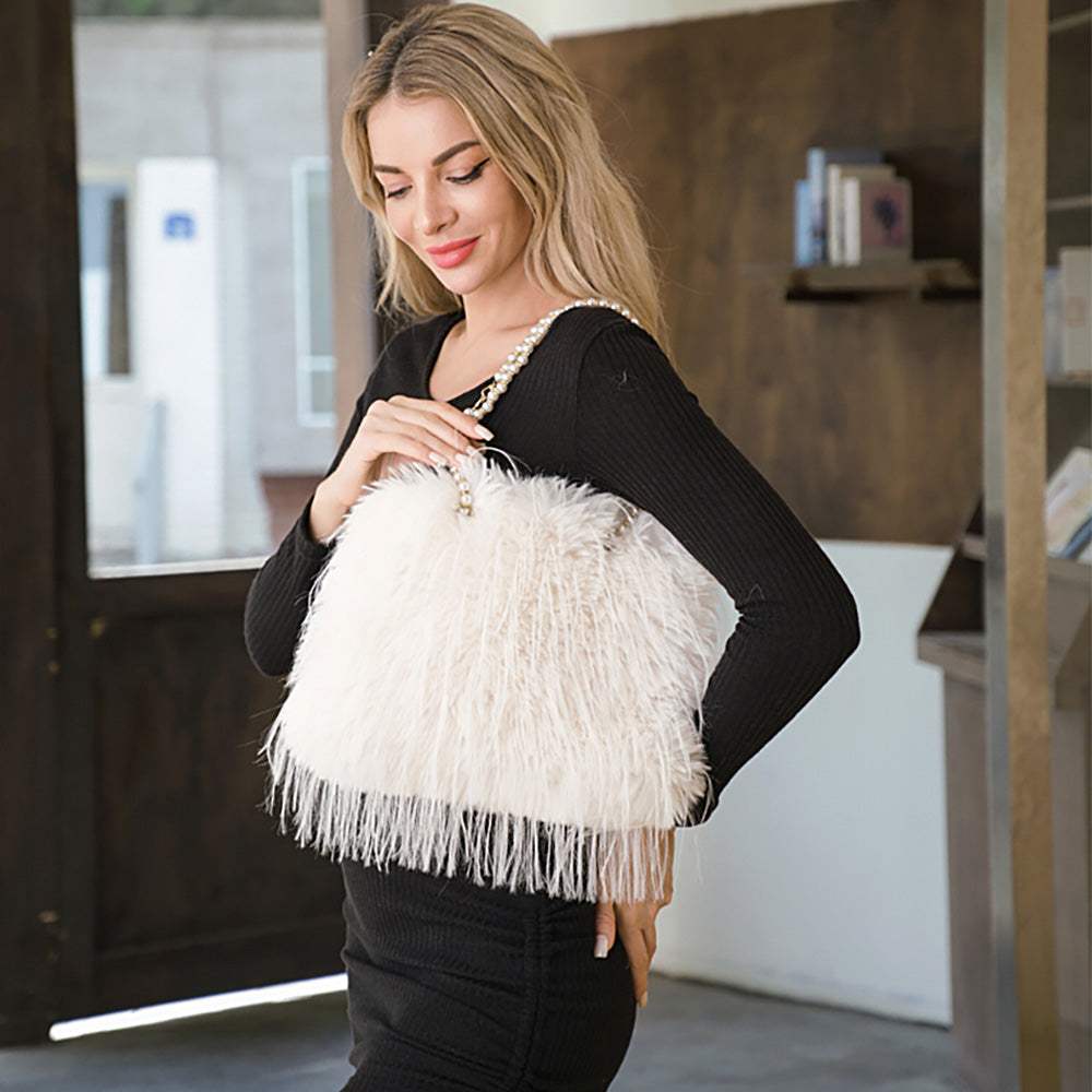 Fluffy Fuzzy Faux Fur Pearl Strap Shoulder Bag - Madeline Love - Flyclothing LLC