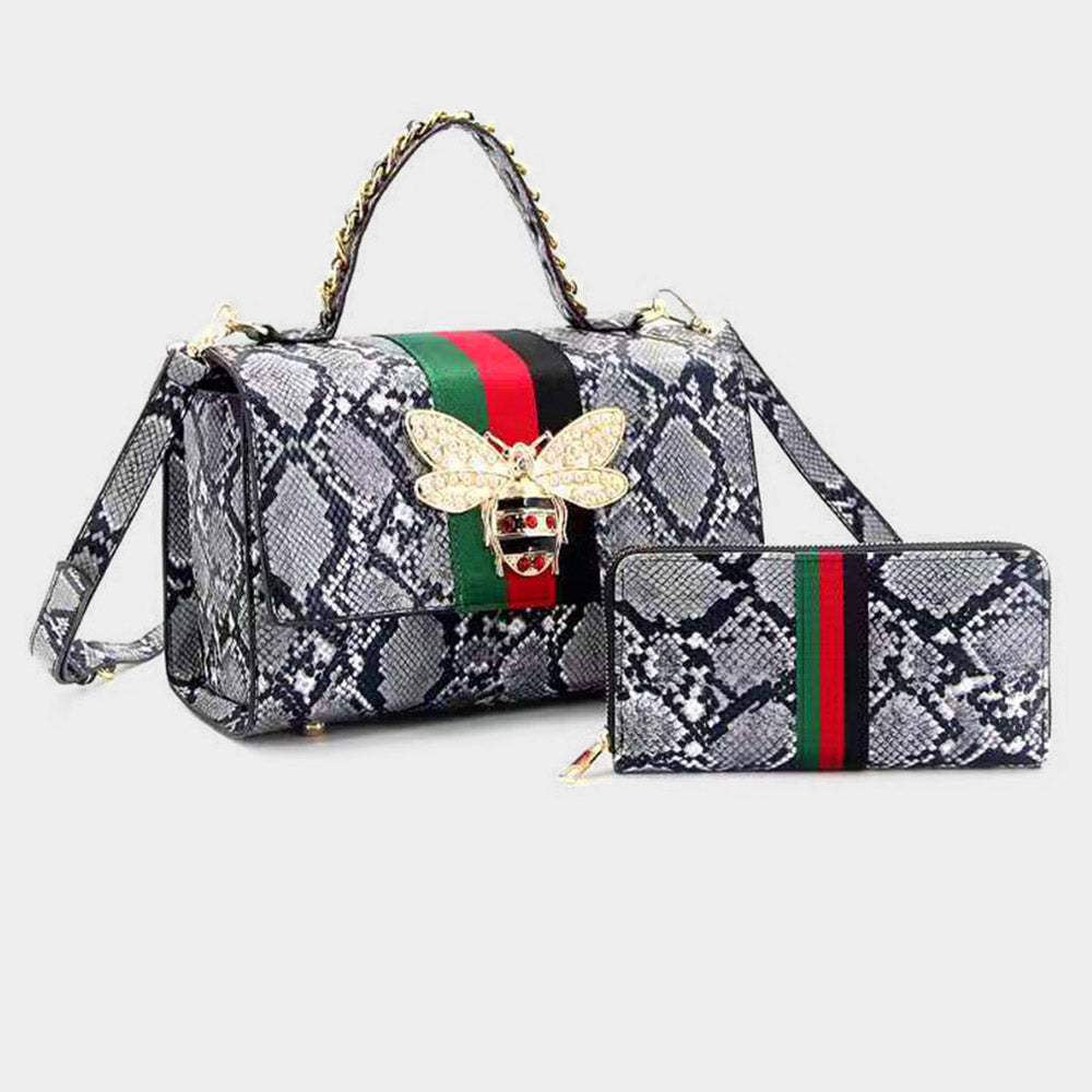 2PCS - Honey Bee Accented Snake Skin Patterned Faux Leather Tote Bag Wallet Set - Madeline Love - Flyclothing LLC