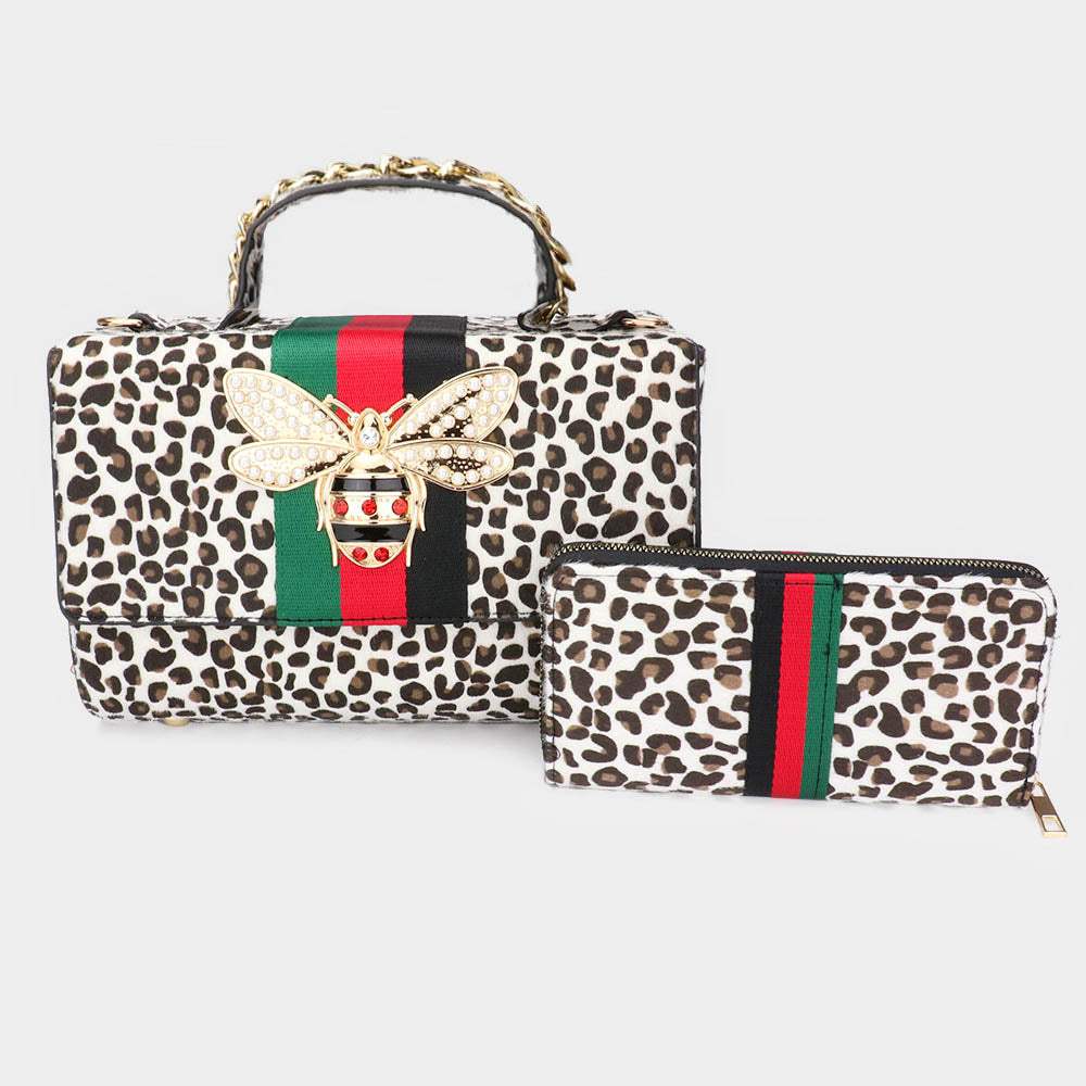 2PCS - Honey Bee Accented Color Block Leopard Patterned Tote Bag Wallet Set - Madeline Love - Flyclothing LLC