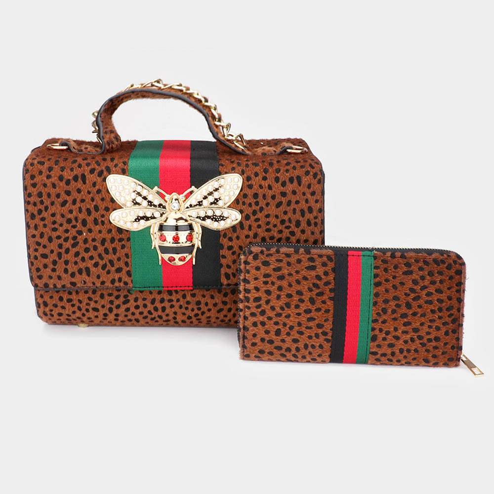 2PCS - Honey Bee Accented Color Block Cheetah Patterned Tote Bag Wallet Set - Madeline Love - Flyclothing LLC