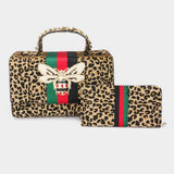 2PCS - Honey Bee Accented Color Block Leopard Patterned Tote Bag Wallet Set - Madeline Love - Flyclothing LLC