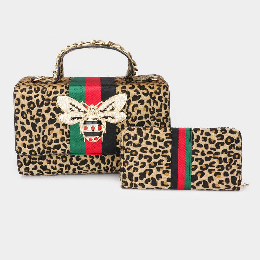 2PCS - Honey Bee Accented Color Block Leopard Patterned Tote Bag Wallet Set - Madeline Love - Flyclothing LLC