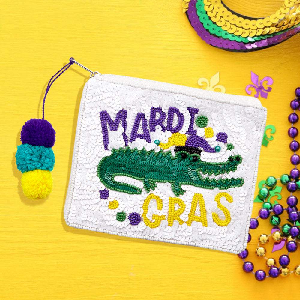 Sequin Seed Beaded Mardi Gras Message Alligator Pom Pom Mini Pouch Bag - Madeline Love - Flyclothing LLC