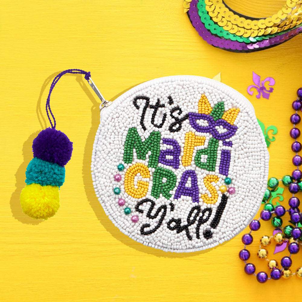Seed Beaded It's Mardi Gras Y'all! Message Circle Pom Pom Mini Pouch Bag - Madeline Love - Flyclothing LLC