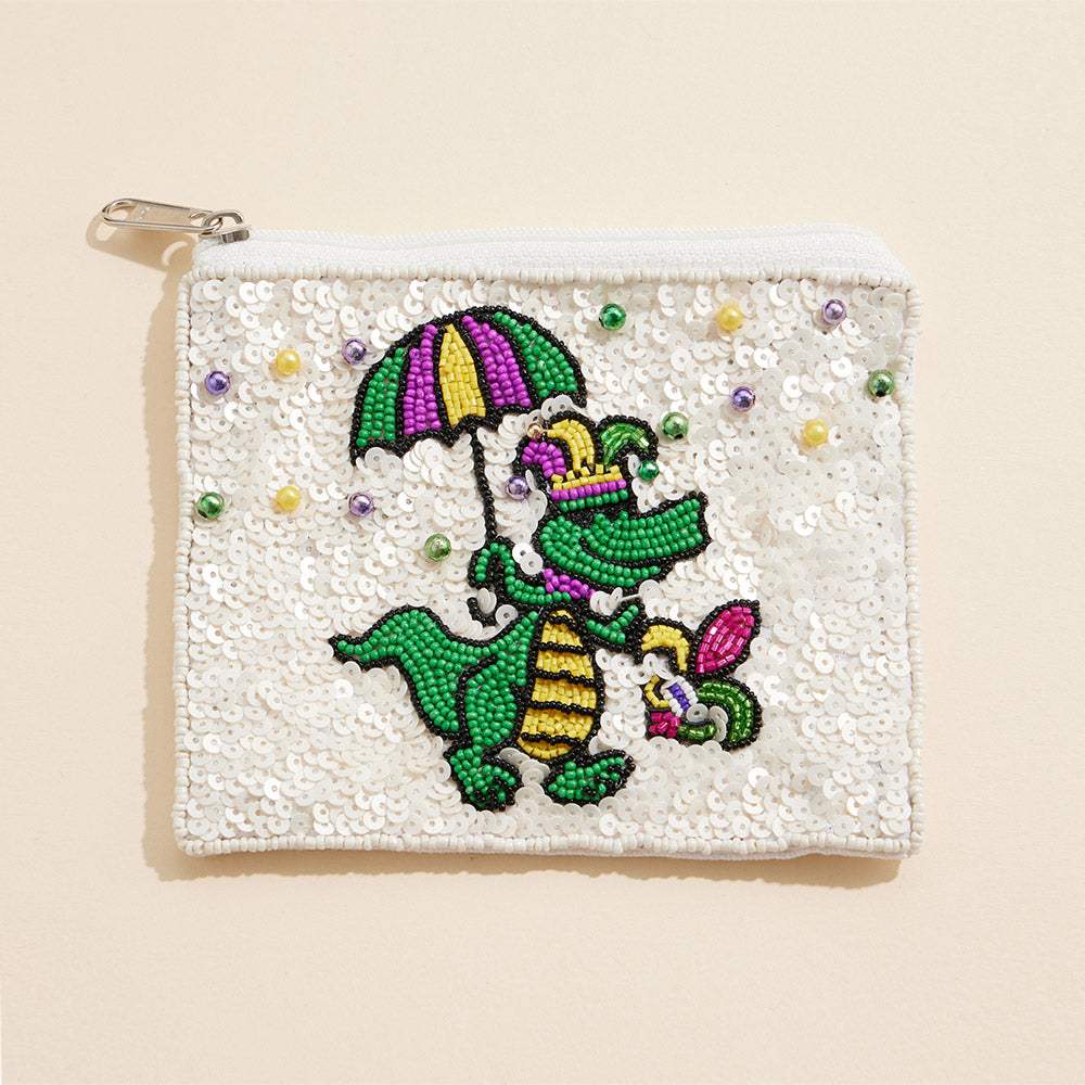 Mardi Gras Alligator Sequin Pearl Ball Seed Beaded Mini Pouch Bag - Madeline Love - Flyclothing LLC