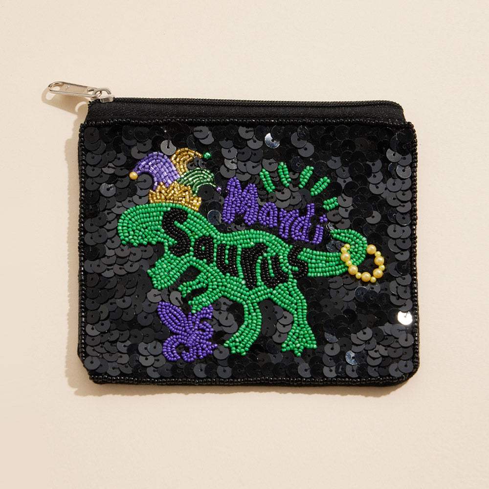 Mardi Gras Saurus Sequin Seed Beaded Mini Pouch Bag - Madeline Love - Flyclothing LLC