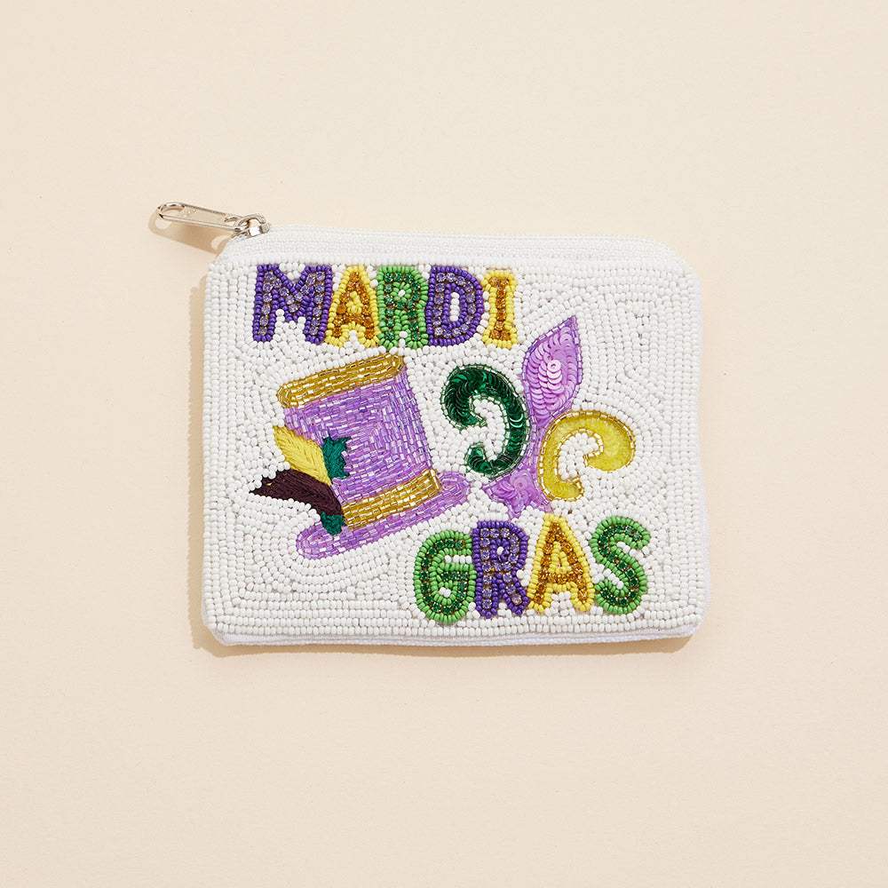 Mardi Gras Message Fleur de Lis Hat Stone Seed Beaded Mini Pouch Bag - Madeline Love - Flyclothing LLC