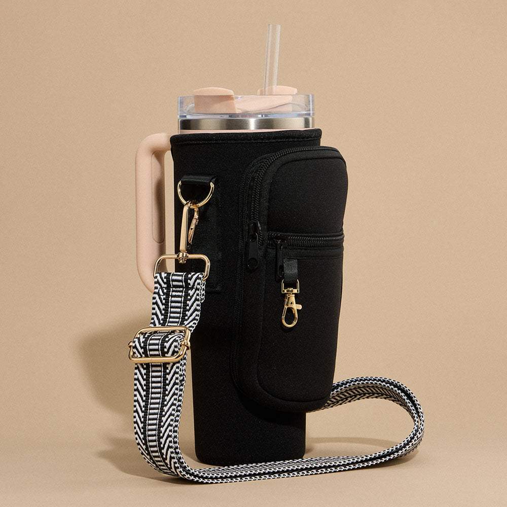 Solid Tumbler Carrier Holder Chevron Pattern Strap Crossbody Bag - Madeline Love - Flyclothing LLC