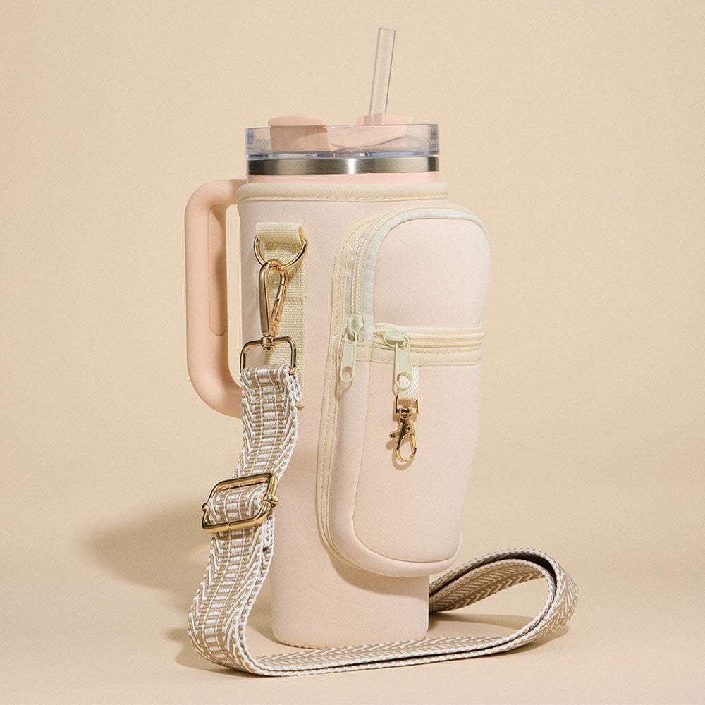 Solid Tumbler Carrier Holder Chevron Pattern Strap Crossbody Bag - Madeline Love - Flyclothing LLC