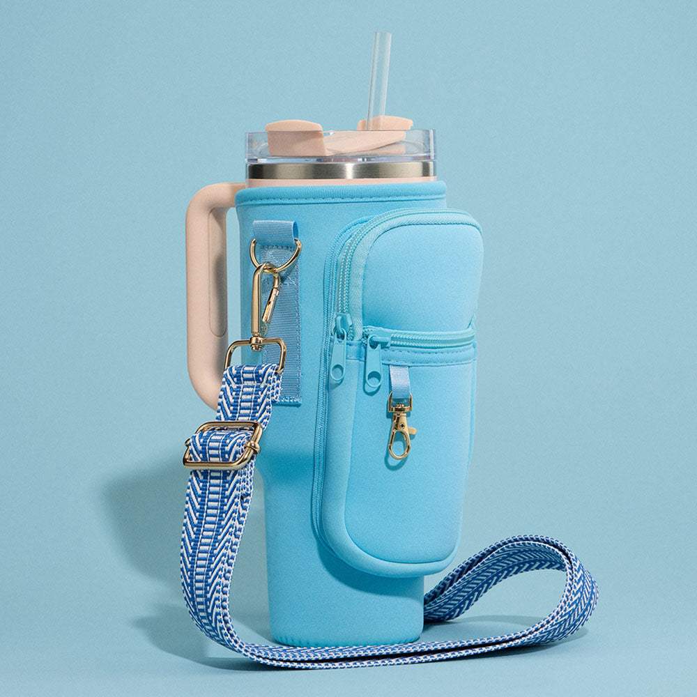Solid Tumbler Carrier Holder Chevron Pattern Strap Crossbody Bag - Madeline Love - Flyclothing LLC