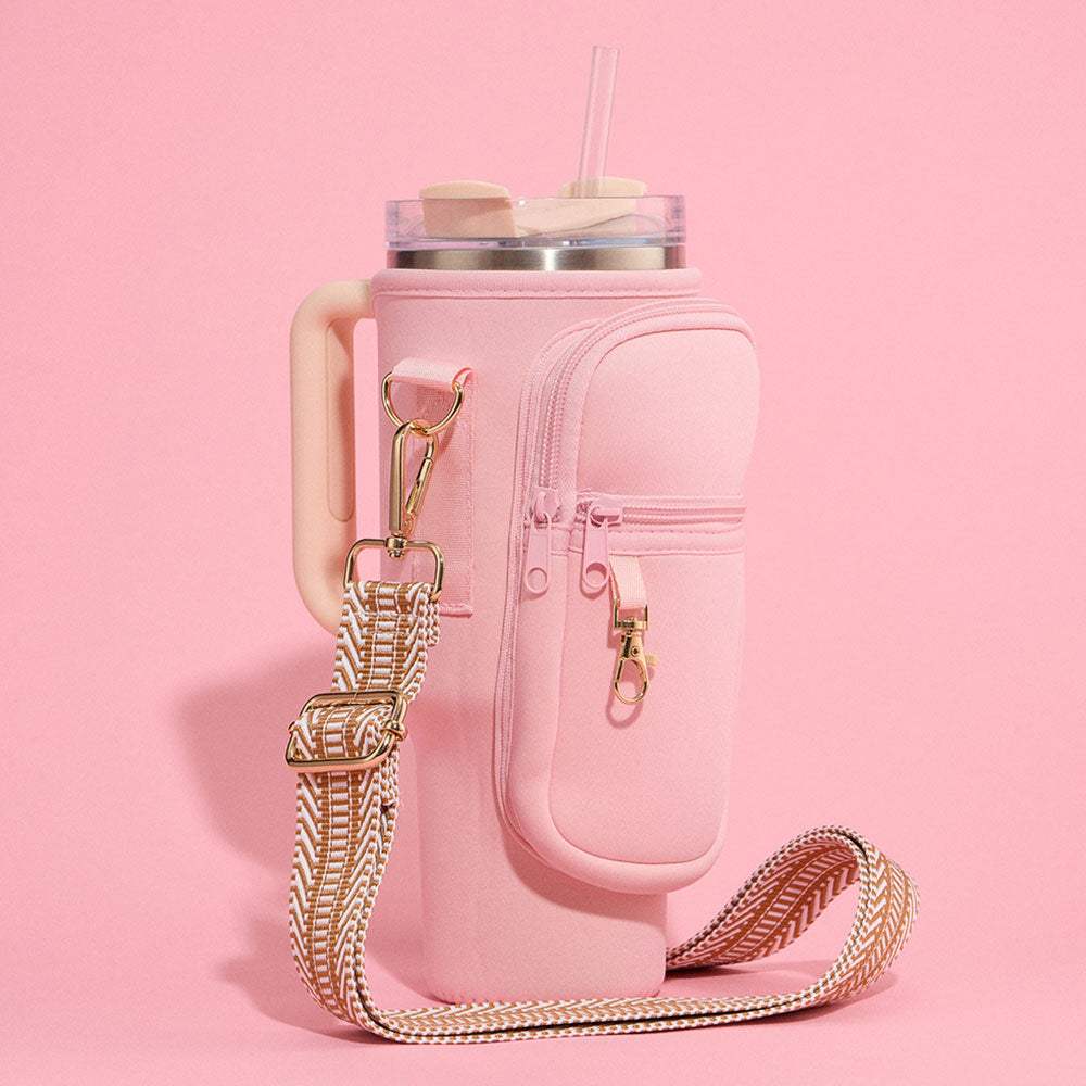 Solid Tumbler Carrier Holder Chevron Pattern Strap Crossbody Bag - Madeline Love - Flyclothing LLC