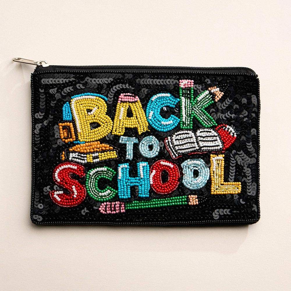 BACK TO SCHOOL Message Sequin Seed Beaded Mini Pouch Bag - Madeline Love - Flyclothing LLC