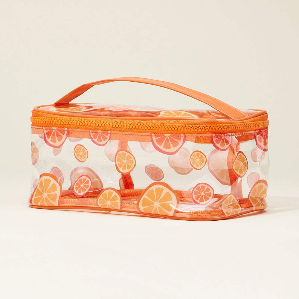 Top Handle Orange Pattern Transparent Cosmetic Pouch Bag - Madeline Love - Flyclothing LLC