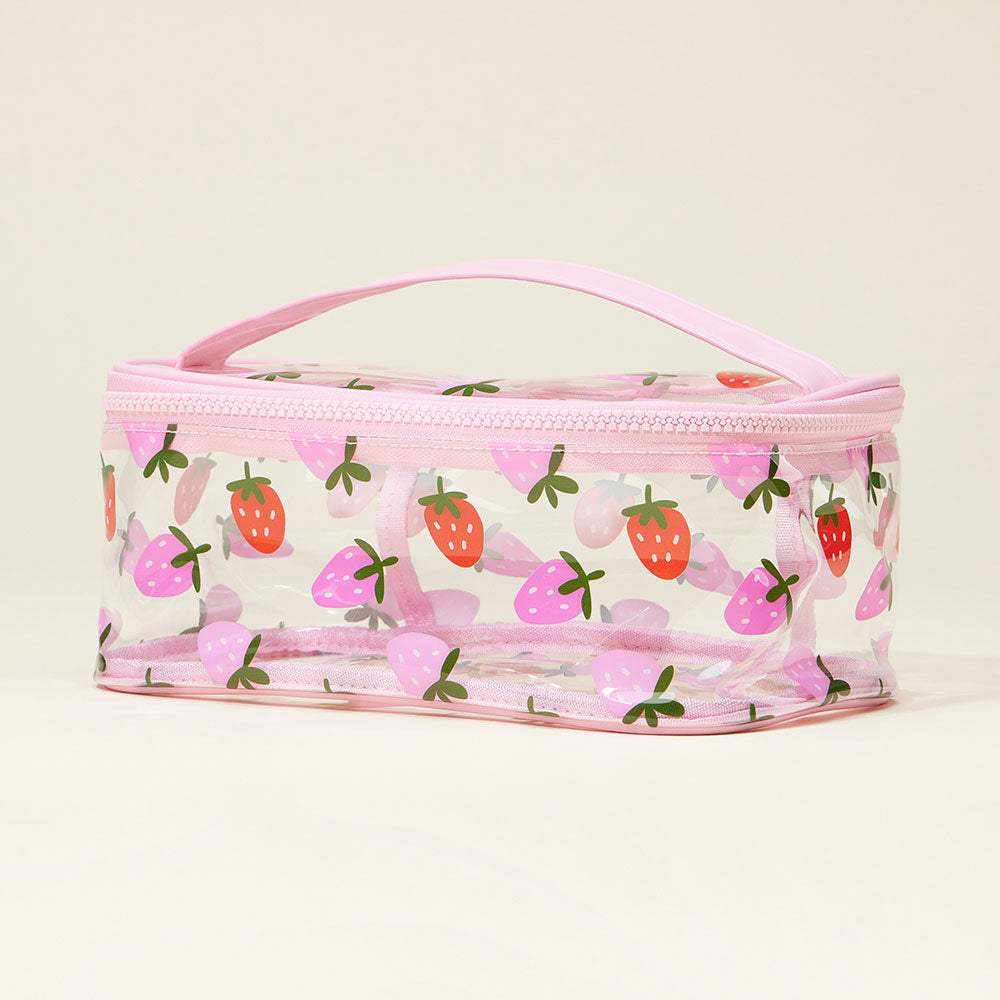 Top Handle Strawberry Pattern Transparent Cosmetic Pouch Bag - Madeline Love - Flyclothing LLC