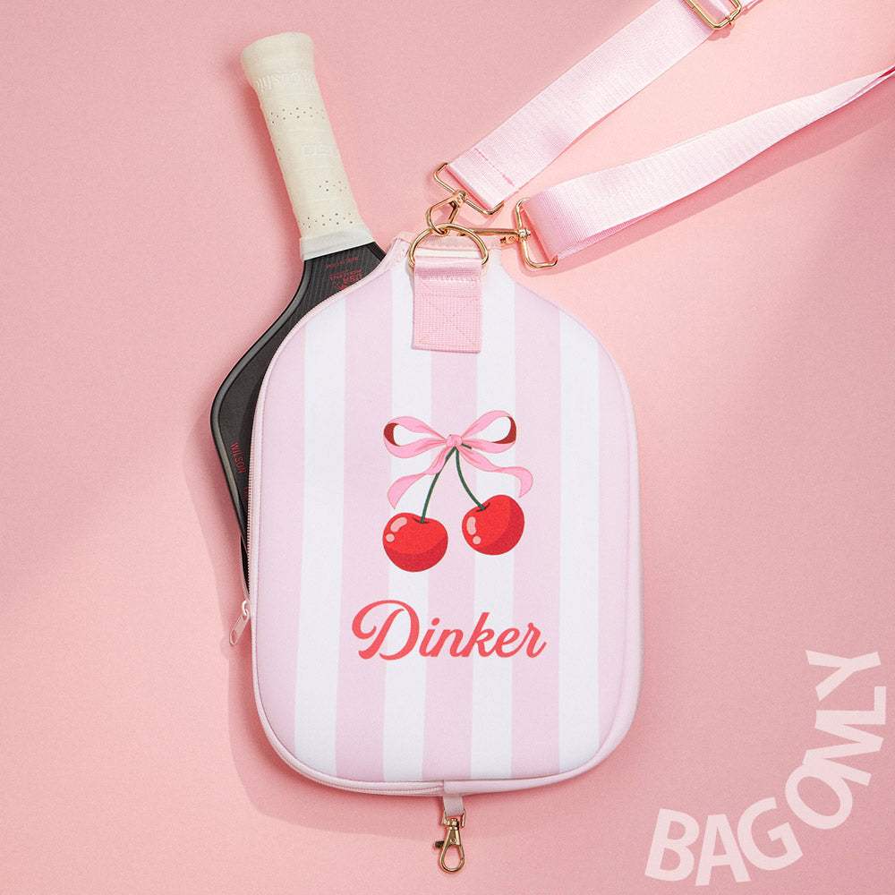 Cherry On Pink Stripe Neoprene Pickleball Paddle Case Bag - Madeline Love - Flyclothing LLC