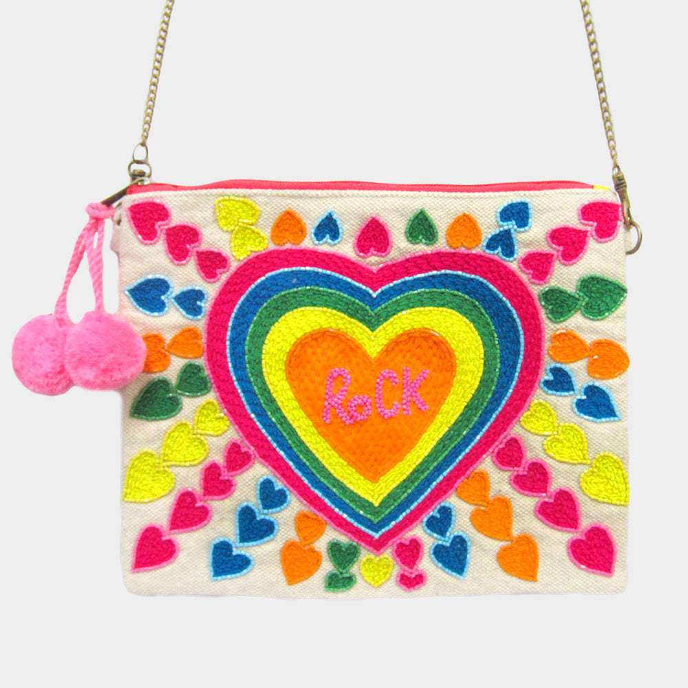 Heart Accented Pom Pom Crossbody Bag - Madeline Love - Flyclothing LLC