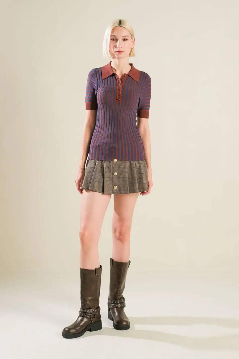BLISSFUL STROLLS SWEATER POLO TOP - Flying Tomato - Flyclothing LLC