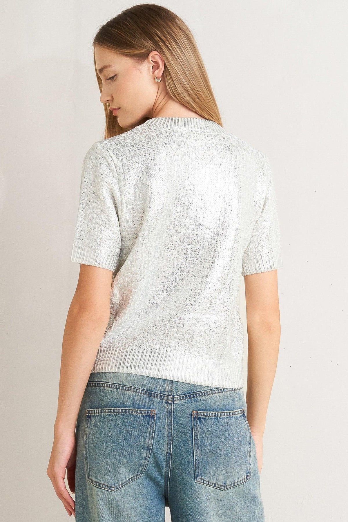 MOONLIT SHIMMER SILVER FOIL SHORT-SLEEVE SWEATER TOP - Flying Tomato - Flyclothing LLC