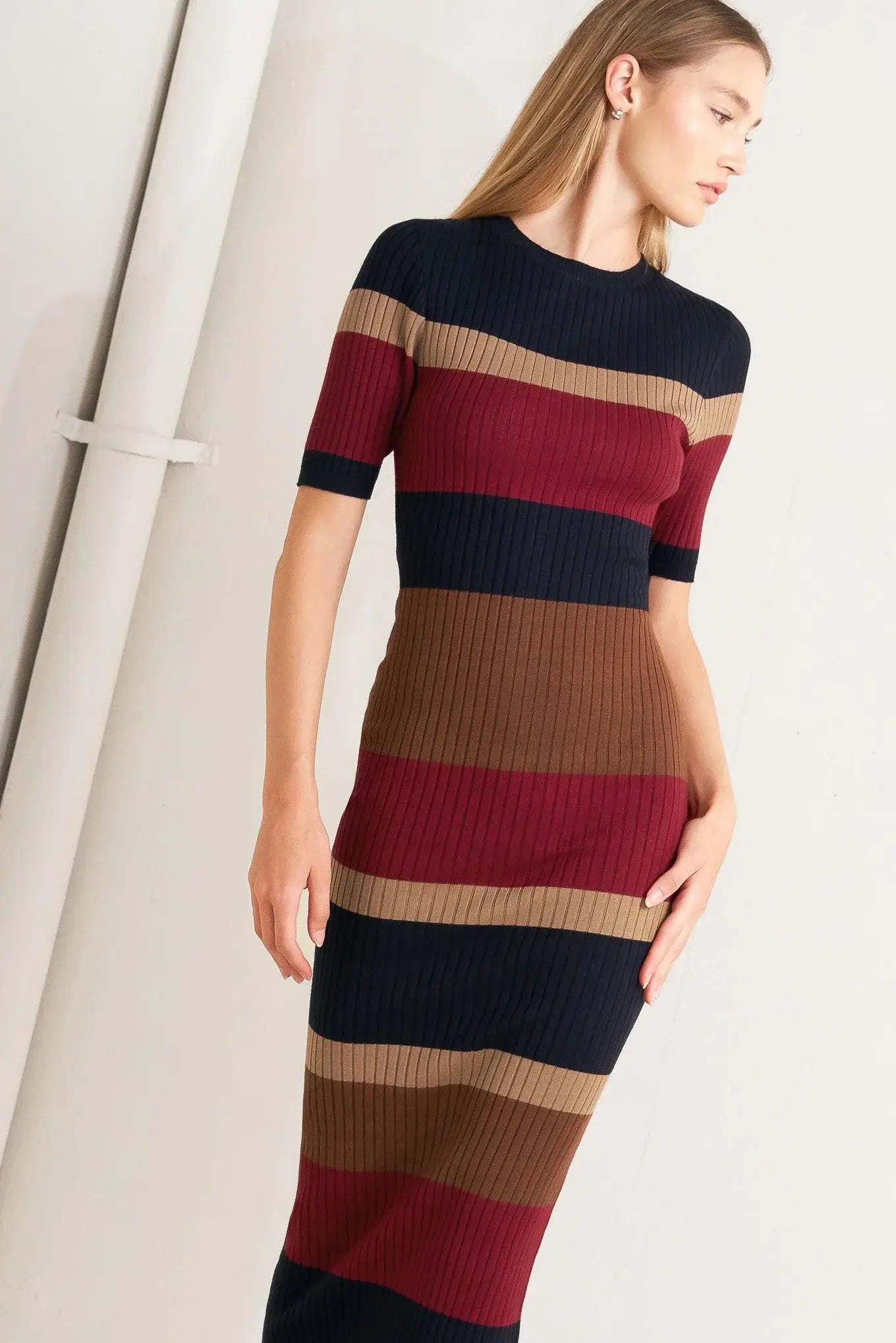 FALL RHYTHM COLOR BLOCKED MIDI SWEATER DRESS - Flying Tomato - Flyclothing LLC