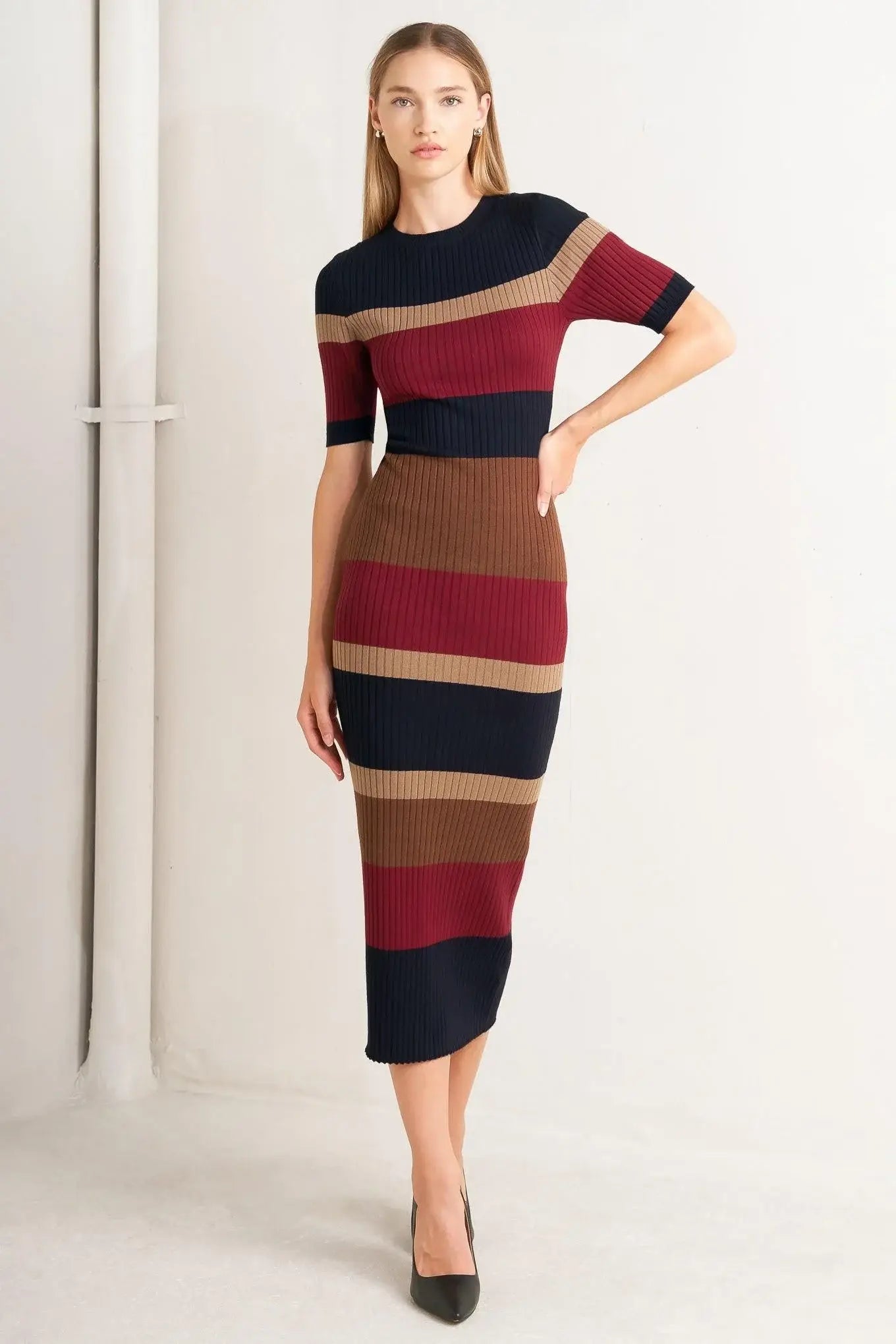 FALL RHYTHM COLOR BLOCKED MIDI SWEATER DRESS - Flying Tomato - Flyclothing LLC