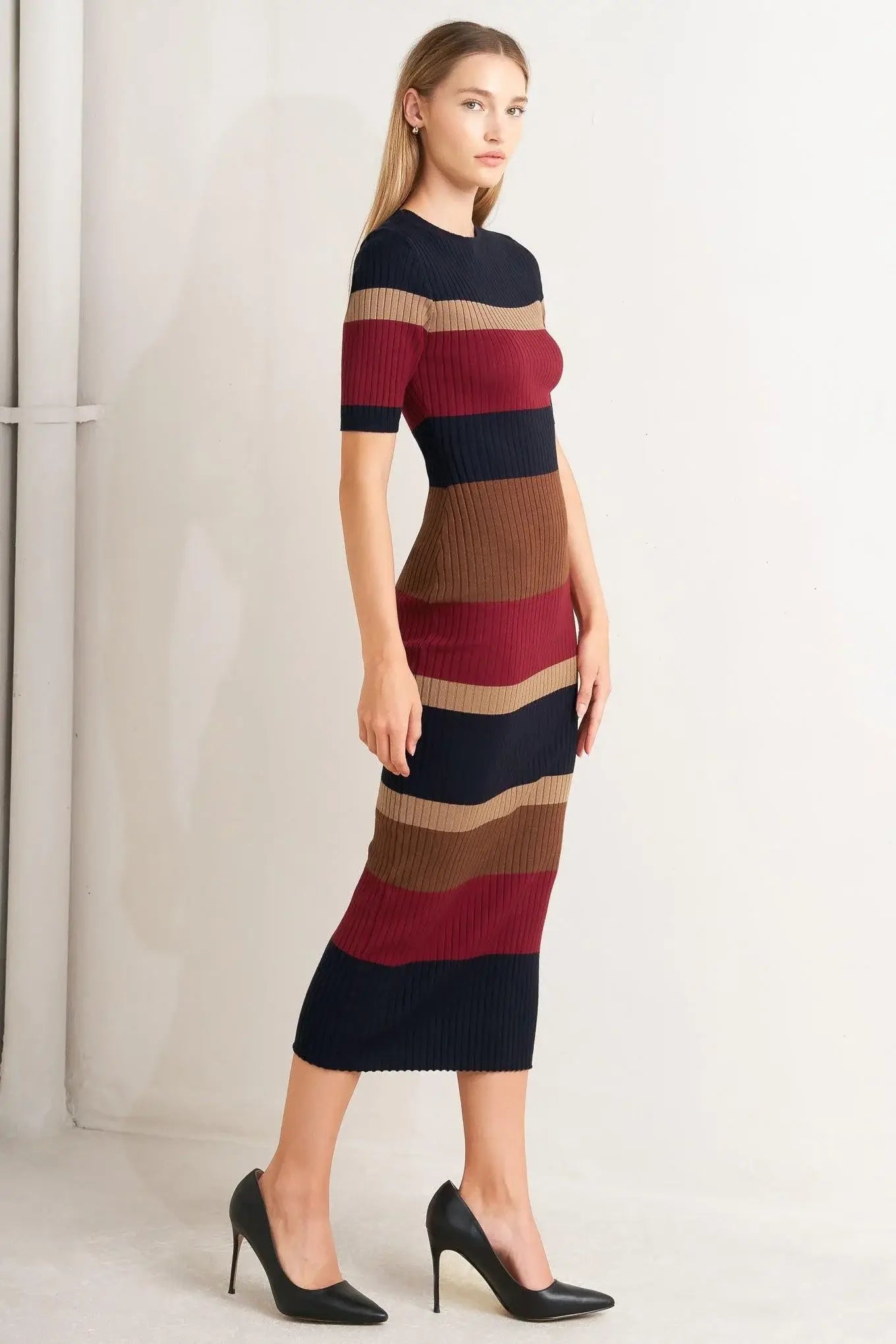 FALL RHYTHM COLOR BLOCKED MIDI SWEATER DRESS - Flying Tomato - Flyclothing LLC