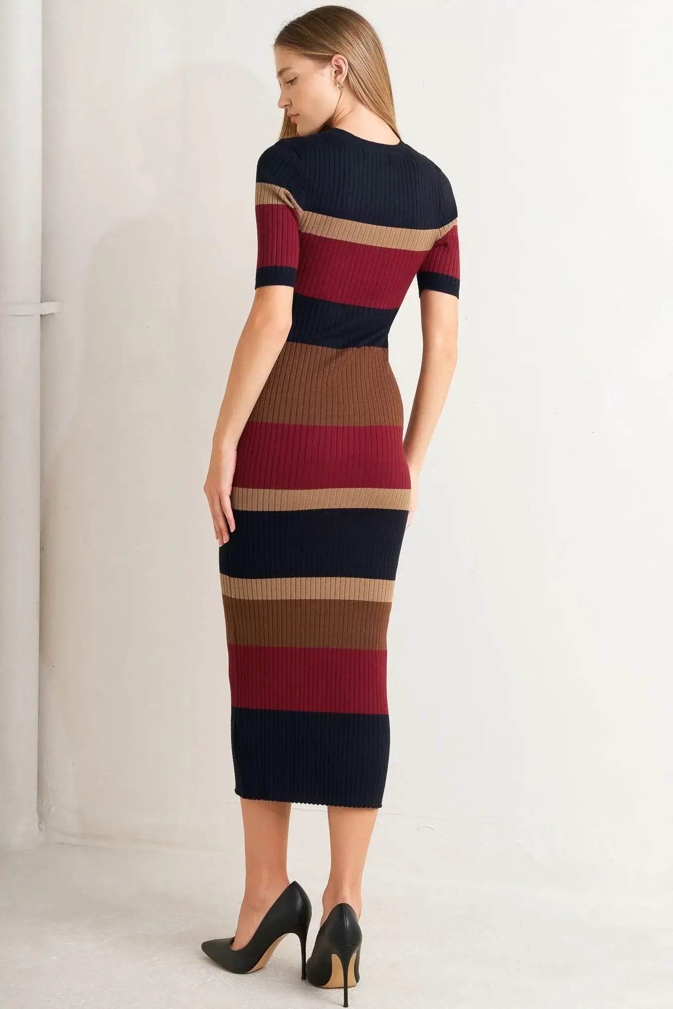 FALL RHYTHM COLOR BLOCKED MIDI SWEATER DRESS - Flying Tomato - Flyclothing LLC