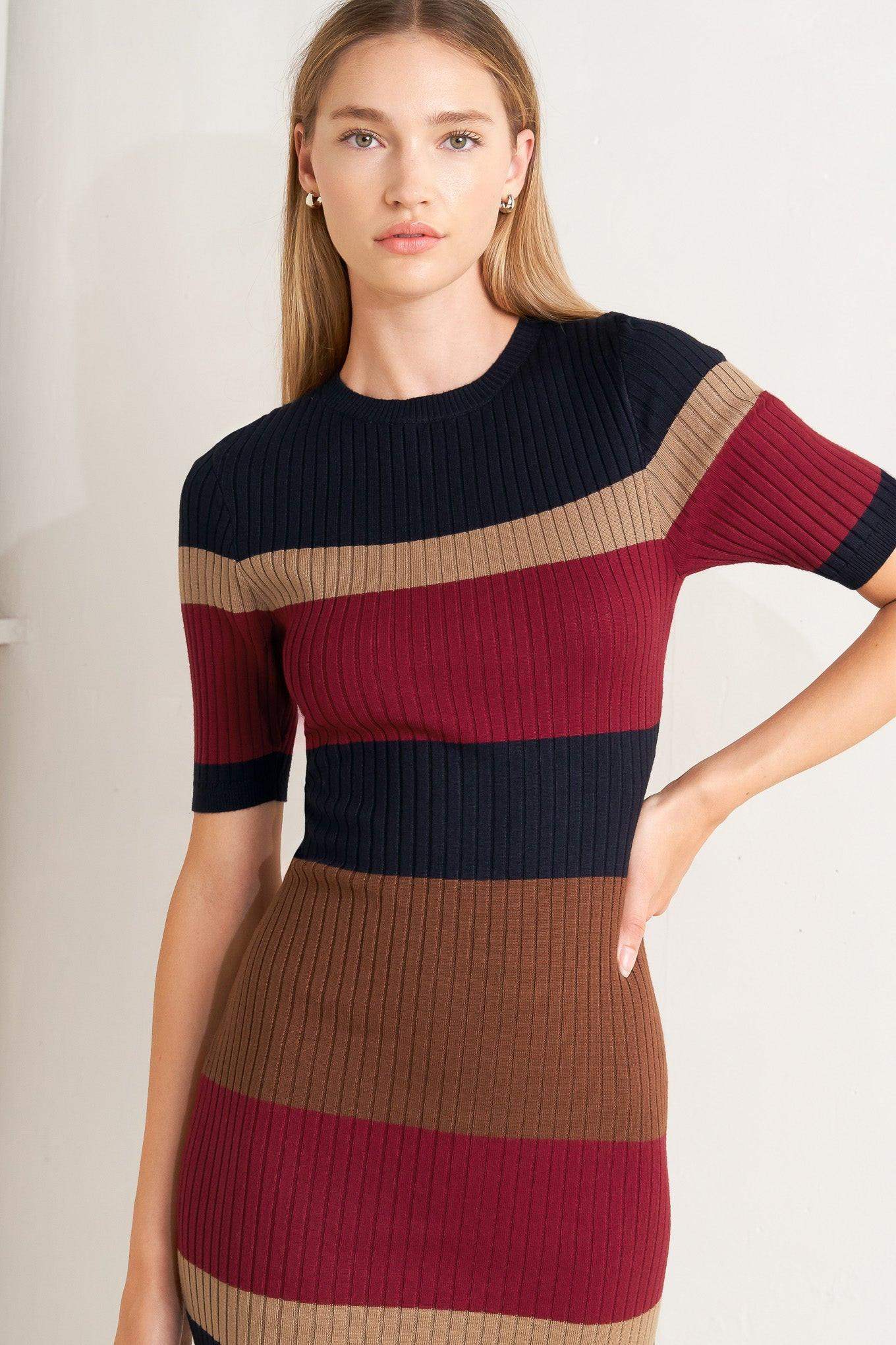 FALL RHYTHM COLOR BLOCKED MIDI SWEATER DRESS - Flying Tomato - Flyclothing LLC