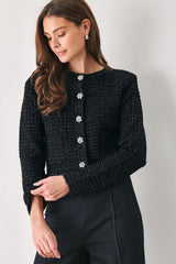 JEWELED MIDNIGHT BLACK BUTTON-DOWN SWEATER CARDIGAN - Flying Tomato - Flyclothing LLC