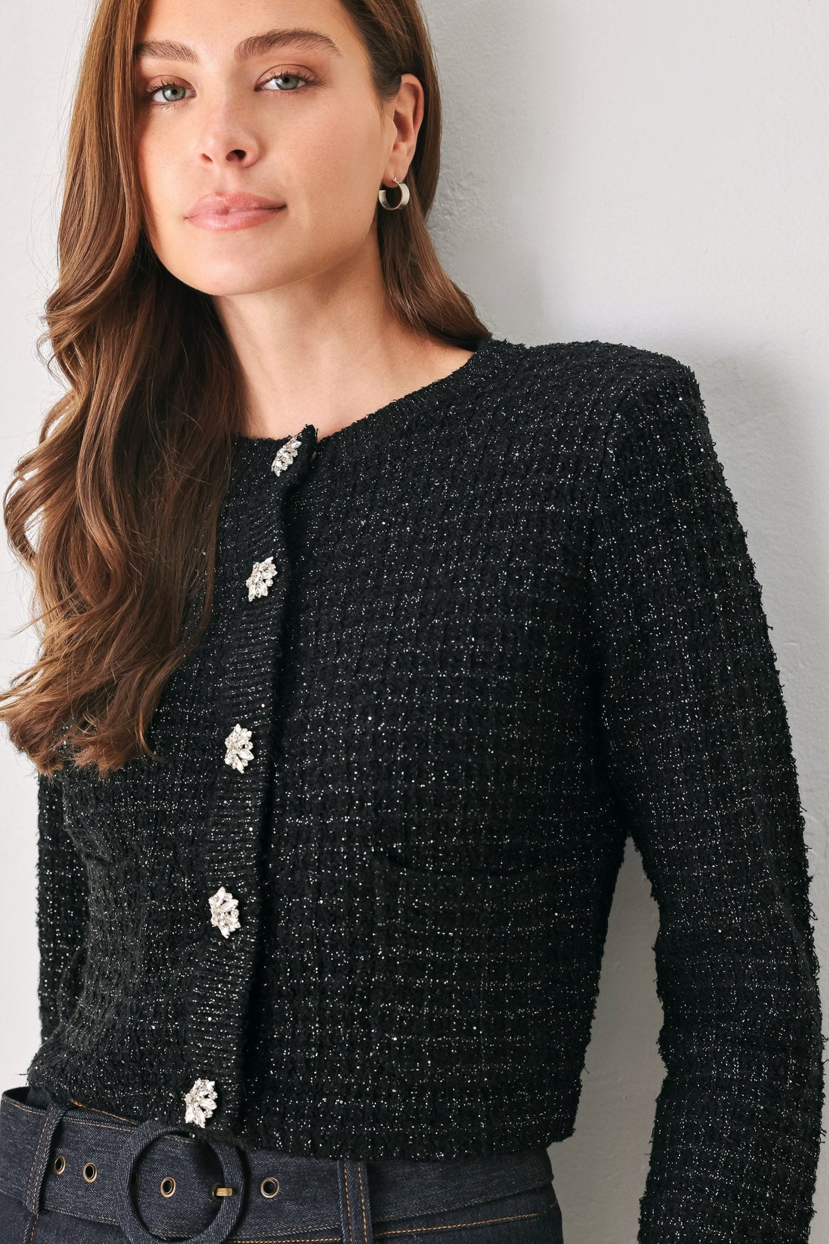 JEWELED MIDNIGHT BLACK BUTTON-DOWN SWEATER CARDIGAN - Flying Tomato - Flyclothing LLC