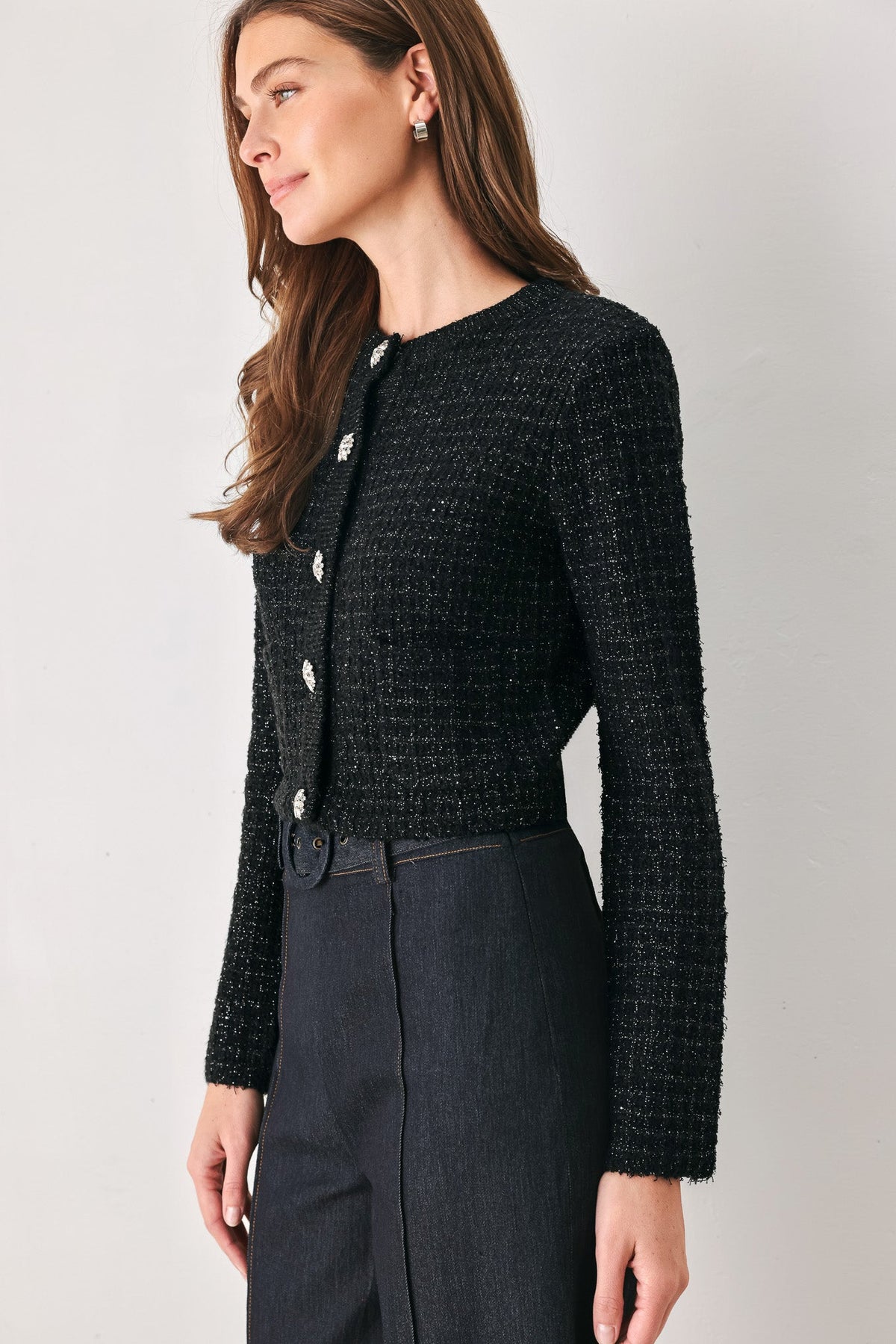 JEWELED MIDNIGHT BLACK BUTTON-DOWN SWEATER CARDIGAN - Flying Tomato - Flyclothing LLC