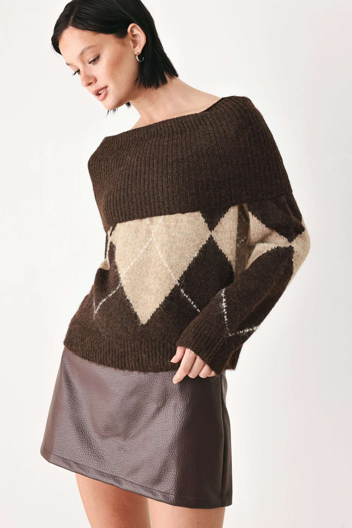 COZY MOMENTS BROWN ARGYLE COWL NECK SWEATER