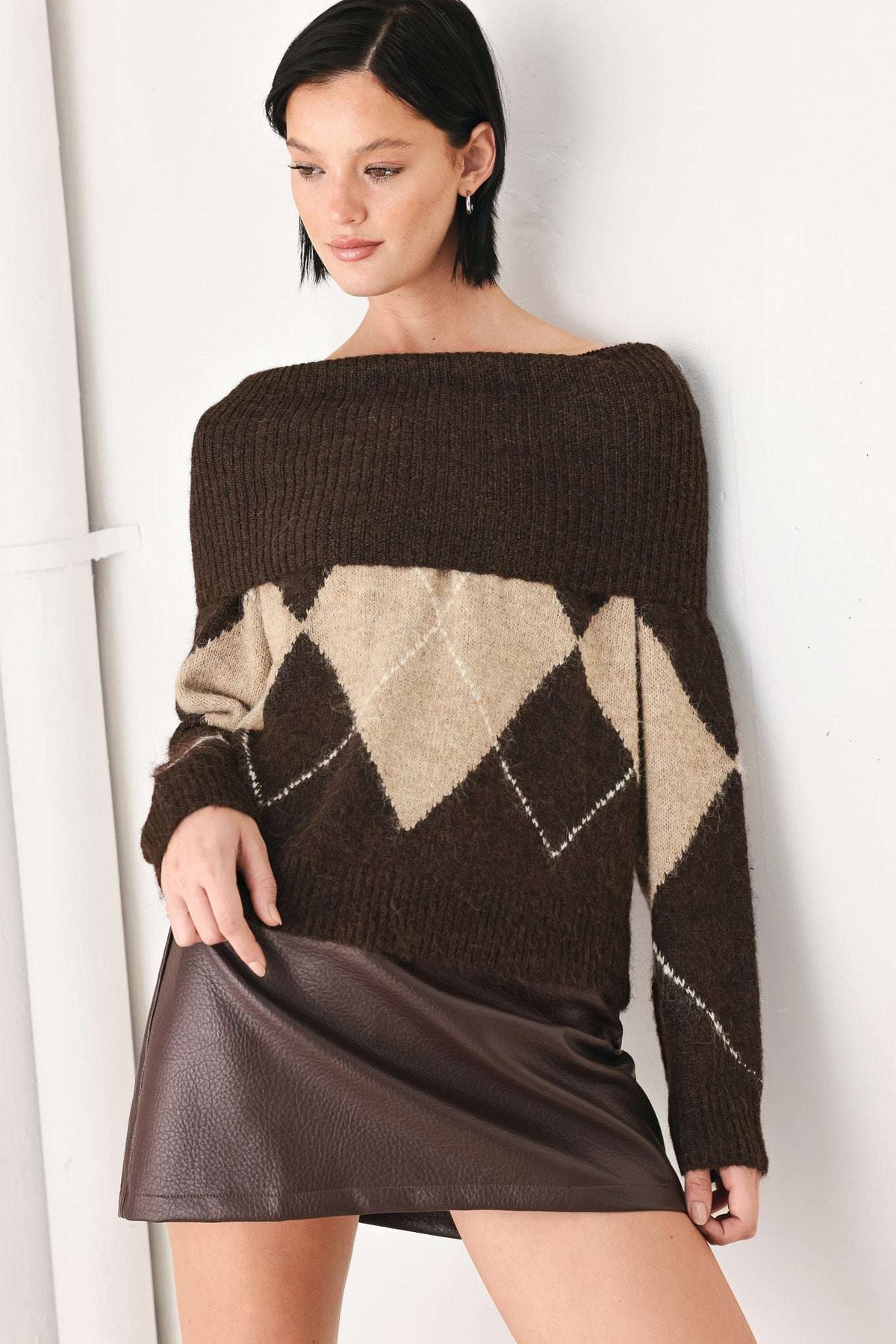 COZY MOMENTS BROWN ARGYLE COWL NECK SWEATER