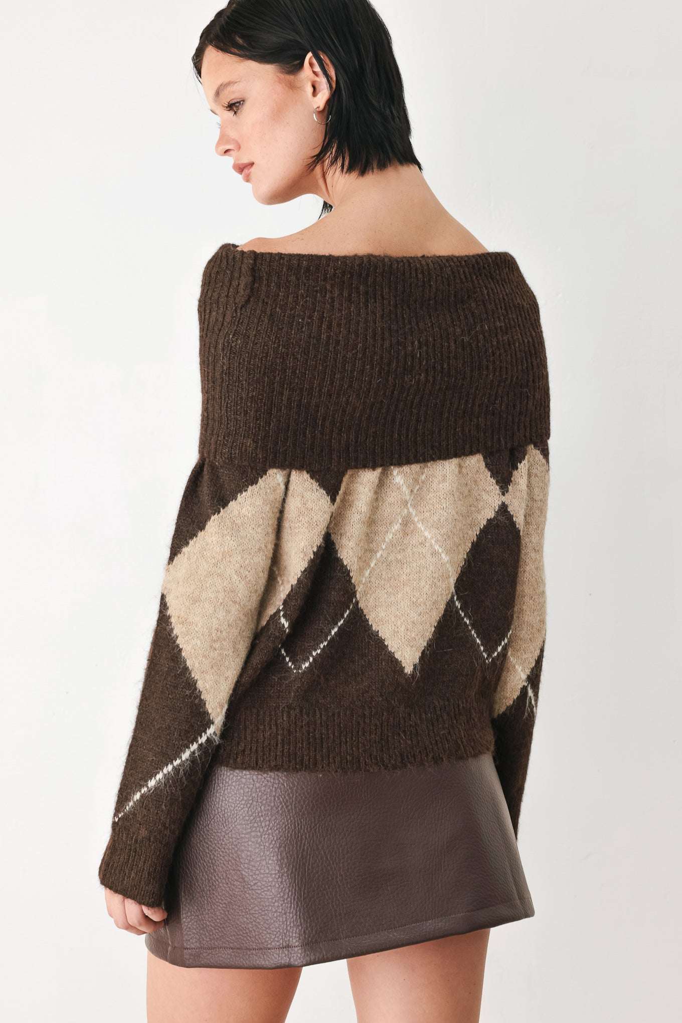 COZY MOMENTS BROWN ARGYLE COWL NECK SWEATER