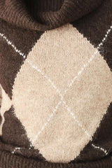 COZY MOMENTS BROWN ARGYLE COWL NECK SWEATER