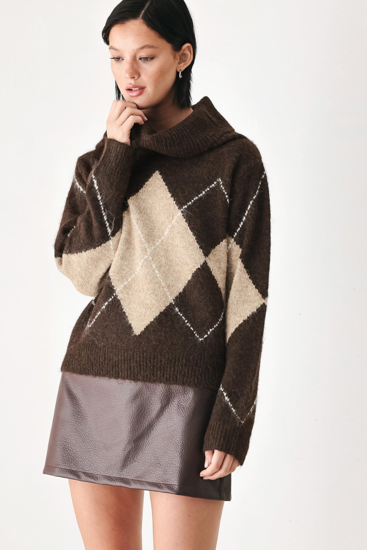 COZY MOMENTS BROWN ARGYLE COWL NECK SWEATER - Flying Tomato - Flyclothing LLC