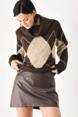 COZY MOMENTS BROWN ARGYLE COWL NECK SWEATER - Flying Tomato - Flyclothing LLC