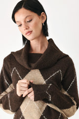 COZY MOMENTS BROWN ARGYLE COWL NECK SWEATER - Flying Tomato - Flyclothing LLC