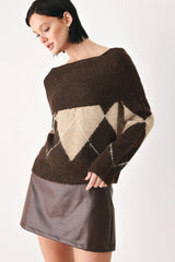 COZY MOMENTS BROWN ARGYLE COWL NECK SWEATER - Flying Tomato - Flyclothing LLC