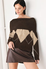 COZY MOMENTS BROWN ARGYLE COWL NECK SWEATER - Flying Tomato - Flyclothing LLC